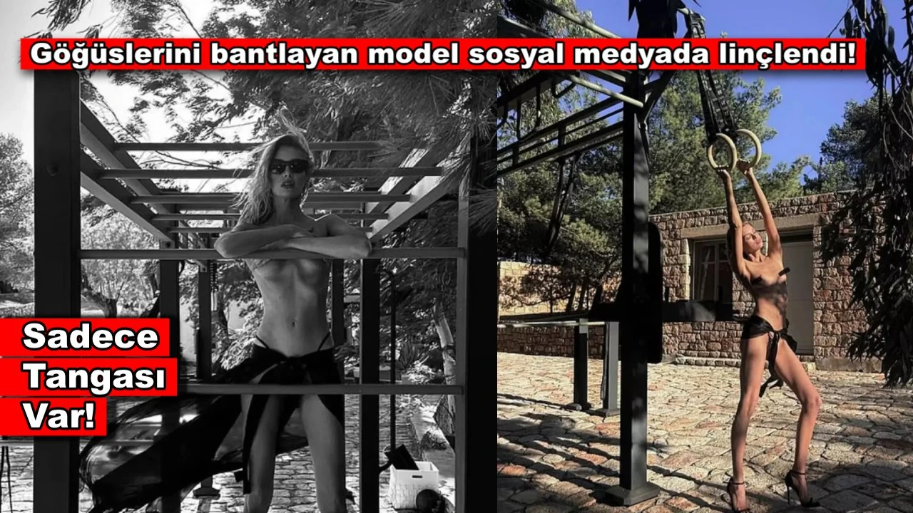Eski model Göğüslerini bantlayıp poz verdi! Sadece tanga ve topuklu ayakkabı giydi